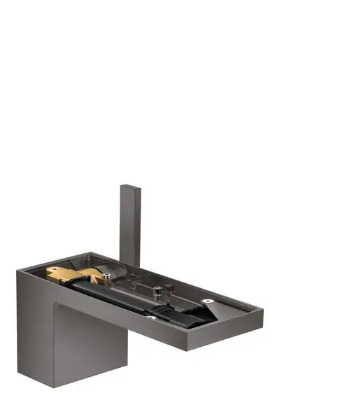 Waschtischmischer von AXOR mit einem minimalistischen Design in gebürstetem Schwarzchrom. Integrierte Push-Open Ablaufgarnitur, ohne Plattenmontage.